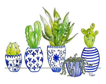 Cactus Watercolor Art Print Succulents Succulent Print Ginger Jars Watercolor Painting