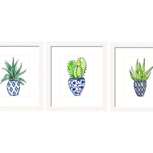 Kunstdrucke von Kakteen in Blau und Weiß Vasen-Set von 3-Pflanzen-Home Decor-Print von Aquarellmalerei