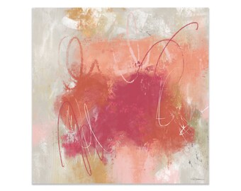 May include: Abstract art print featuring a blend of colors. The artwork showcases a central area of deep red, surrounded by shades of peach, pink, and beige. White and red scribbled lines overlay the colorful background, creating a dynamic composition.
