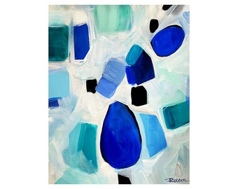 Può includere: Dipinto astratto con sfondo bianco e forme blu, turchese e nere. La firma dell'artista, "Roleen", è nell'angolo in basso a destra.