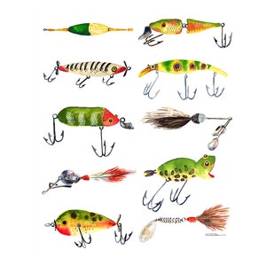 Vintage Fishing Lures Watercolor Print Artwork Art Print Home Decor Kids Room Nursery Classic image 3