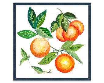 Lámina de jardín de naranjales, arte mural botánico de frutas, pintura en acuarela.