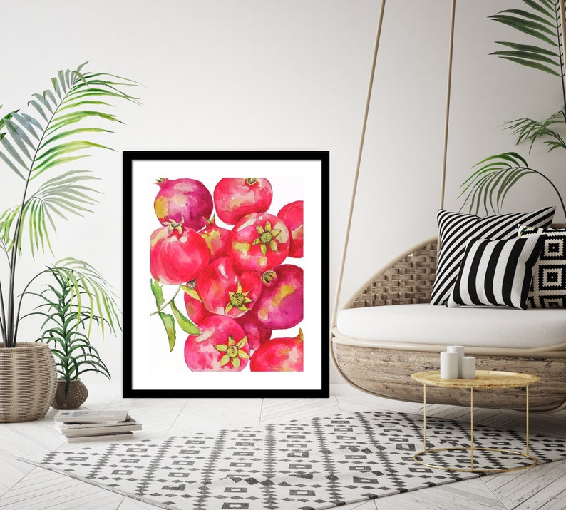 Red Pomegranates Art Print of Watercolor-Wall Art-Kitchen Decor-Fruit-Tropical image 5