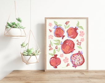 Pomegranates Chalk Art Print-Fruit Painting-Pastel Colors-Boho-Pink