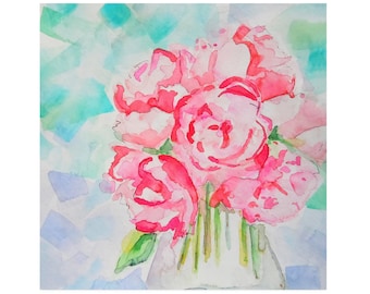 Pink Flowers Watercolor Painting Art Print Wall Art Home Decor Pink Floral-Bouquet in vase