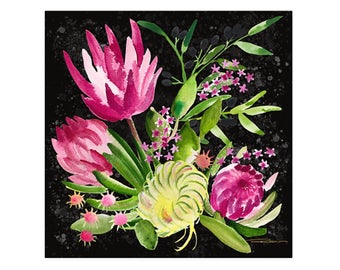 Pink Flowers Watercolor Painting Art Print Protea Flowers-Botanical Print-Wall Art Office Decor