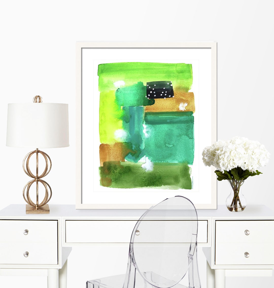 Green Abstract Watercolor Art Print: Modern Boho Wall Decor - Etsy