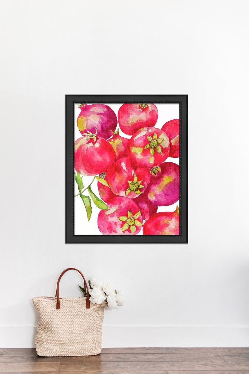 Red Pomegranates Art Print of Watercolor-Wall Art-Kitchen Decor-Fruit-Tropical image 3