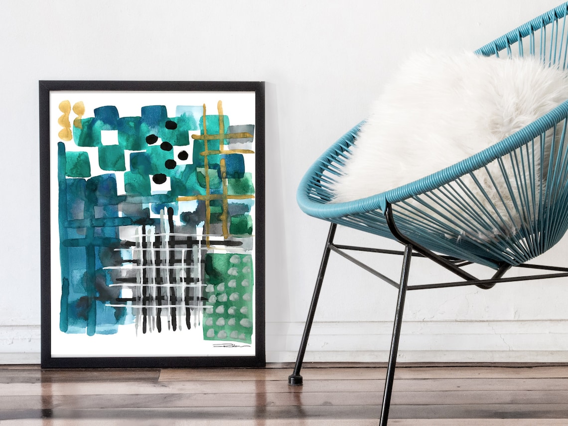 Teal Abstract Art Printwatercolor Paintingcontemporary Etsy