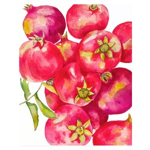 Red Pomegranates Art Print of Watercolor-Wall Art-Kitchen Decor-Fruit-Tropical image 1