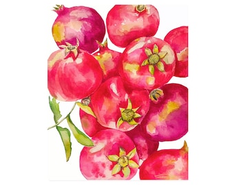 Red Pomegranates Art Print of Watercolor-Wall Art-Kitchen Decor-Fruit-Tropical