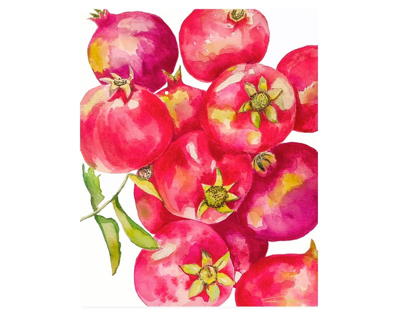 Red Pomegranates Art Print of Watercolor-Wall Art-Kitchen Decor-Fruit-Tropical image 1