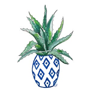 Cactus Art Print of Watercolor Painting -Botanical Art-Succulent-Plants-Garden Decor-Cactus in Blue and White Vase-Chinoiserie