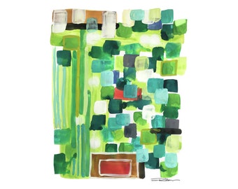 Pode incluir: Pintura abstrata em aquarela com uma mistura de quadrados e retângulos verdes, azuis e vermelhos. A obra de arte apresenta uma variedade de pinceladas e texturas, criando uma composição dinâmica e colorida. A pintura está em um fundo branco.
