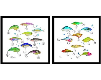 Fishing Lures Art Print -Set of 2-Wall Art-Gallery Wall-Fish-Beach Decor-Gift for Guys-Tackle-Sportsman