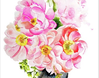 Pink Flowers Watercolor Painting Art Print Wall Print