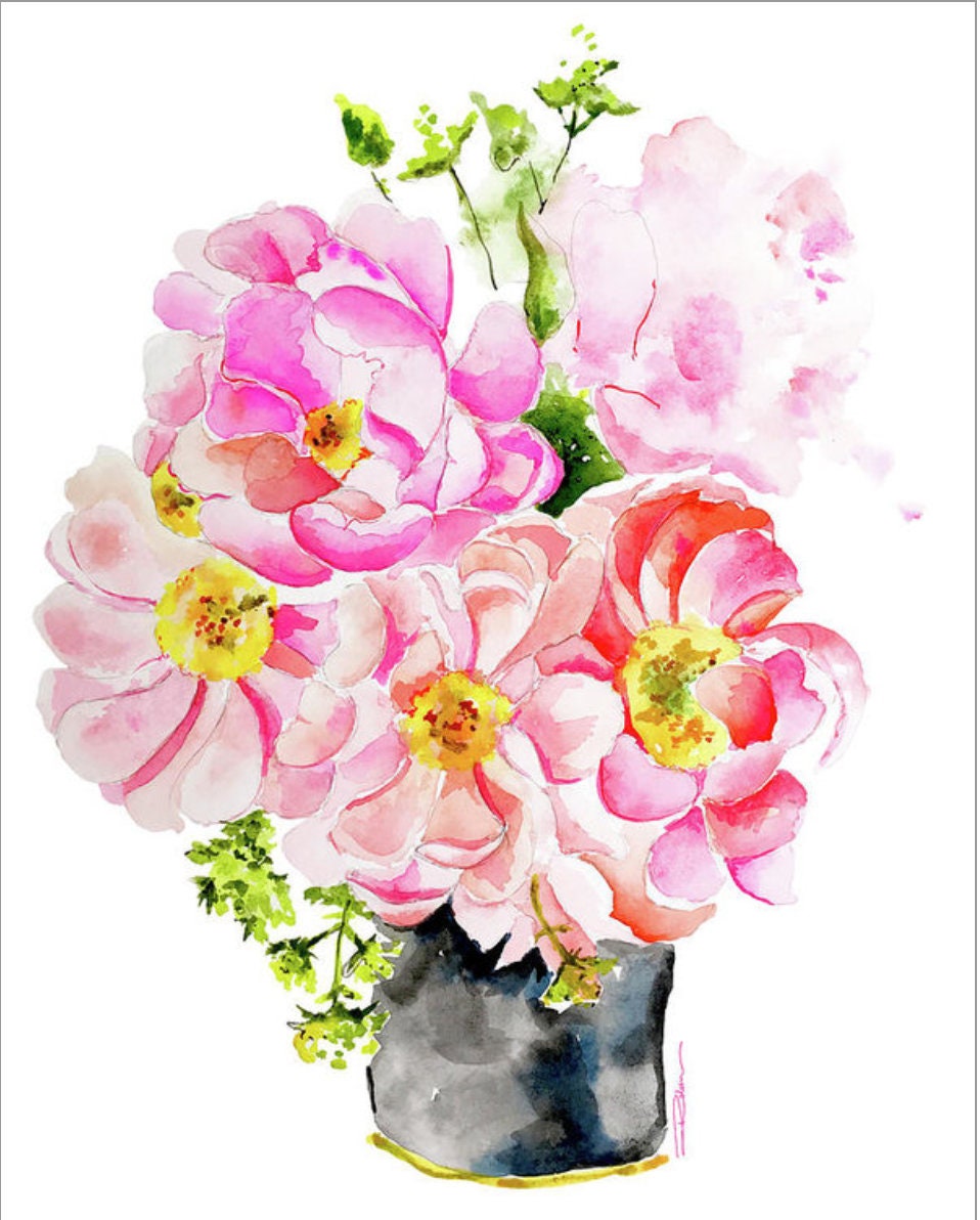 Pink Flowers Watercolor Painting Art Print Wall Print - Etsy