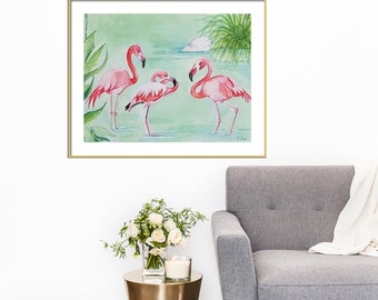 Flamingos Watercolor Art Print-Birds-Tropical