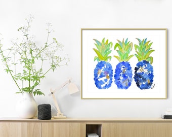 Pineapples Art Print-Tropical-Blue-Wall Art Home Decor Illustration