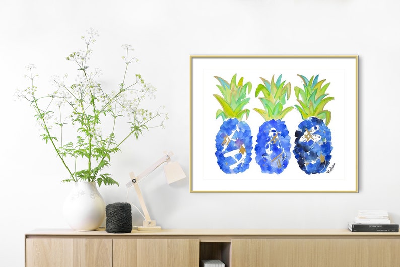 Pineapples Art Print-Tropical-Blue-Wall Art Home Decor Illustration image 1