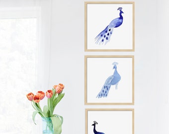 Peacock Painting Art Prints-Wall Gallery Set of 3-Birds-Gallery Wall Art-Home Decor-Watercolor