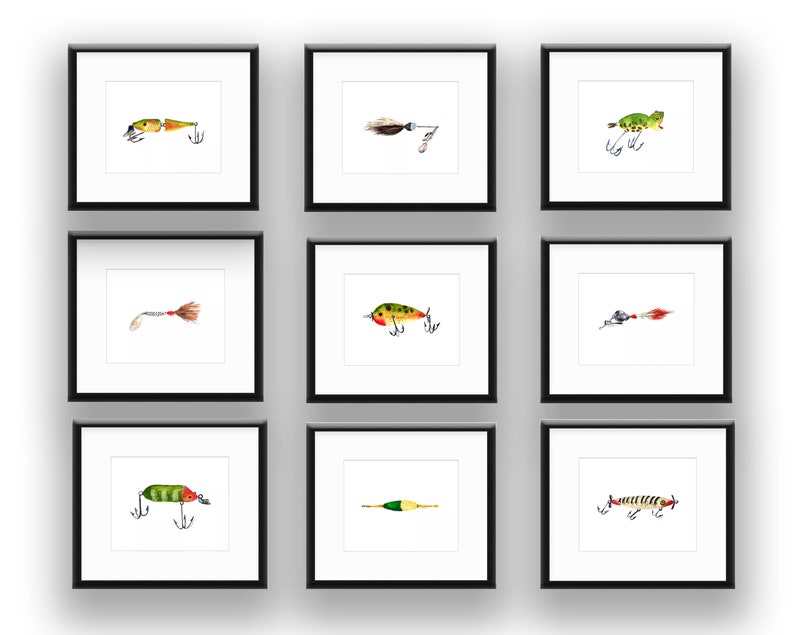 Vintage Fishing Lures Watercolor Print Artwork Art Print Home Decor Kids Room Nursery Classic image 1