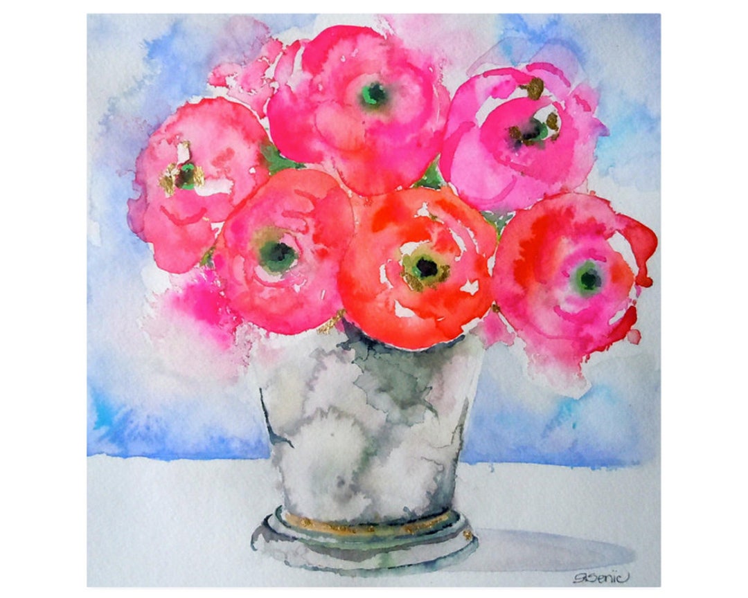 Pink Flowers in a Vases Art Print of Watercolor Painting-wall Art ...