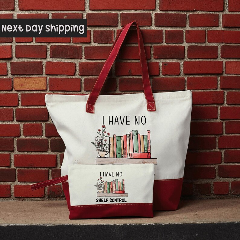 A white tote bag with a red handle and a smaller white bag with a red handle, both featuring illustrations of books and the text "I HAVE NO SHELF CONTROL".