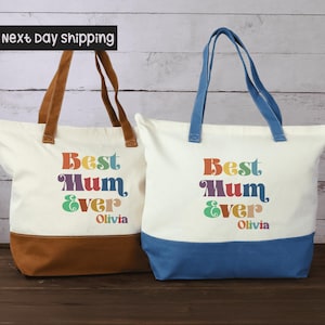 Custom Best Mum Ever Tote Bag, Personalized Mother Gift, Cute Mum Life Tote, Gift for Mum from Kids, Everyday Canvas Carryall