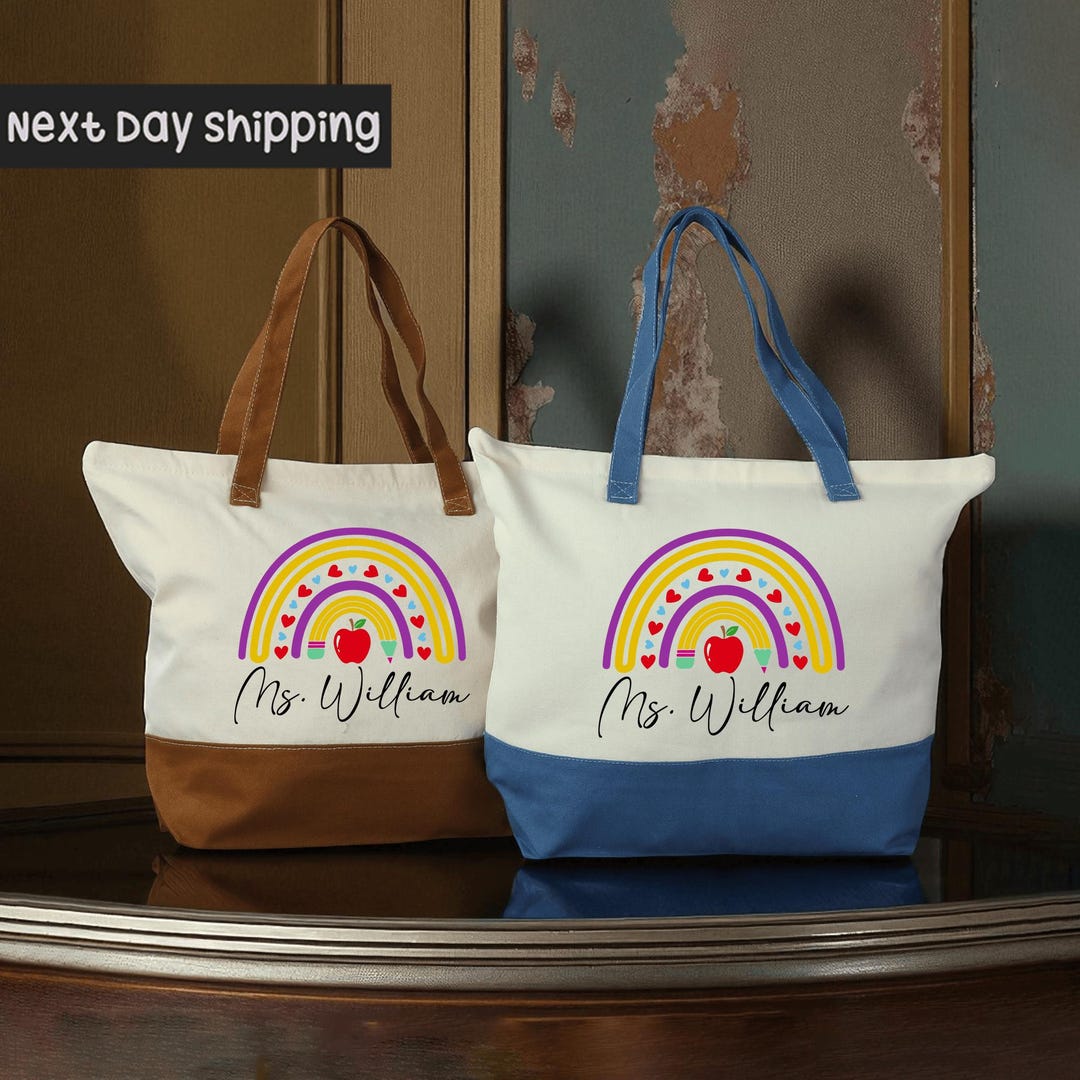 Personalized Teacher Tote Bag: Rainbow Pencil Design, Custom Name - Etsy