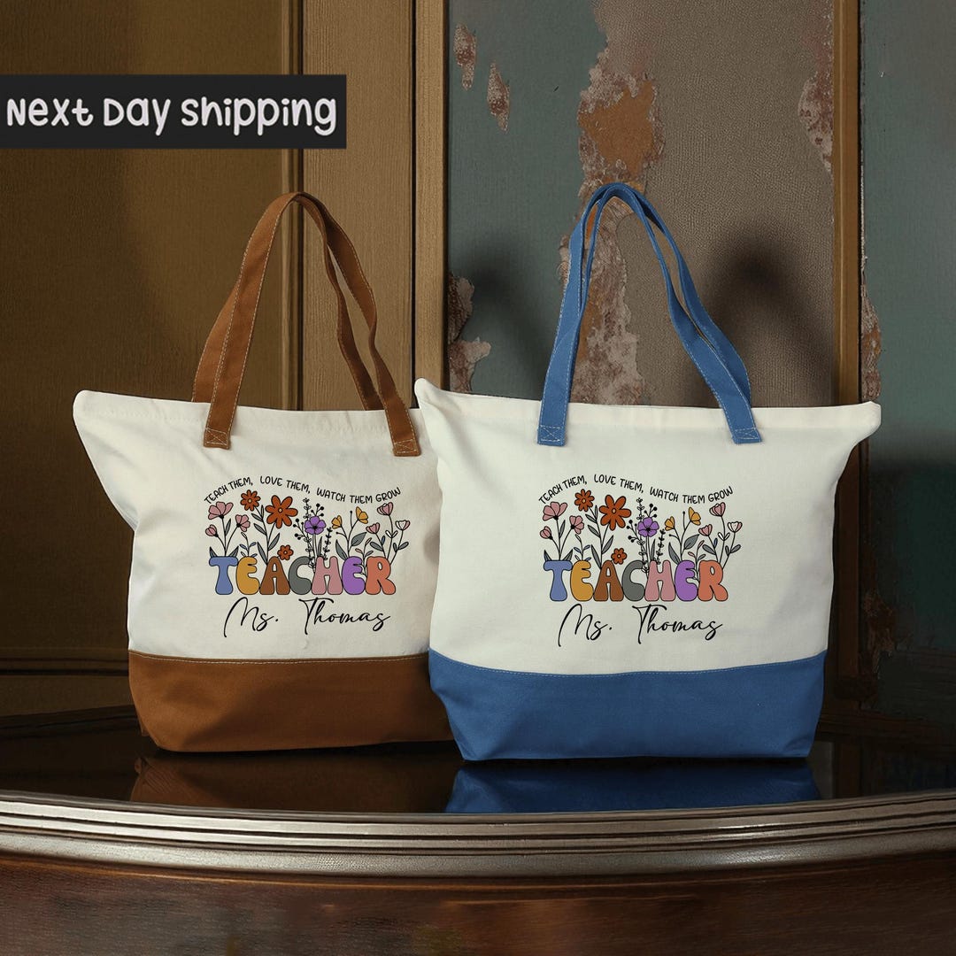 Personalized Teacher Tote Bag With Name, Custom Floral Teacher Canvas ...