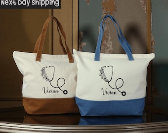 Personalized Nurse Canvas Tote Bag with Custom Name, Stethoscope Design Work Tote for Nurses, Reusable Medical Market Bag for Women