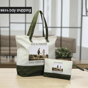 May include: A canvas tote bag and matching pouch set. The tote bag has a white body with a green base and handles. The pouch is a smaller version of the tote. Both have a photo and text that reads "YOUR PHOTO" and "AND TEXT HERE".