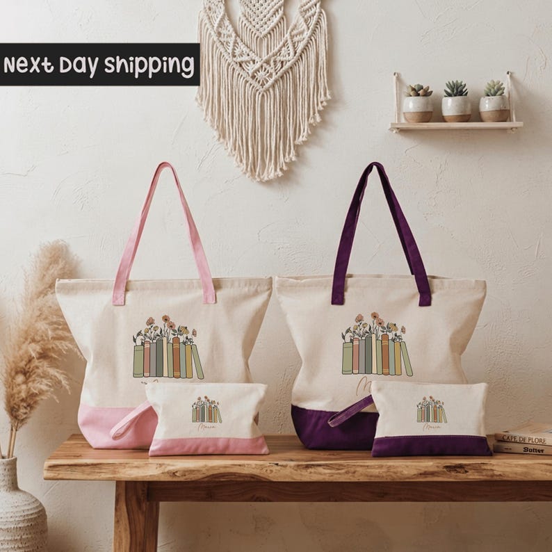 a collection of colorful tote bags and a small makeup bag arranged on a wooden table. The tote bags are pink and purple, while the makeup bag is purple. The table is set against a white wall, and there is a wall hanging above the table. The image also includes text that reads "next day shipping".