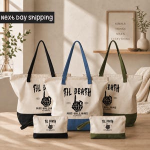Bride and Groom Tote Bag: Custom 'Til Death' Print (Cotton, Zippered)
