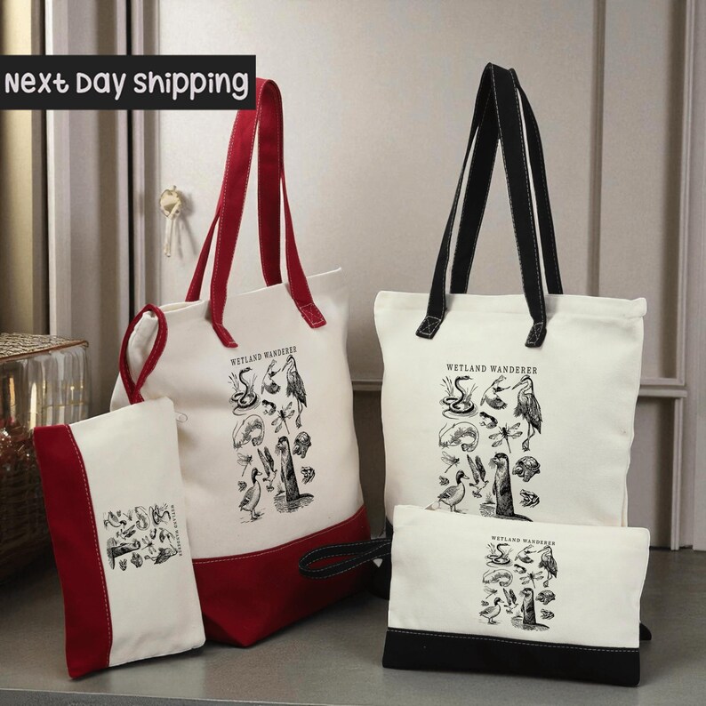 a collection of four bags, including two tote bags and two small bags, all featuring the same design and text.