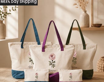 Custom Birth Flower Canvas Tote Bag - Personalized Gift