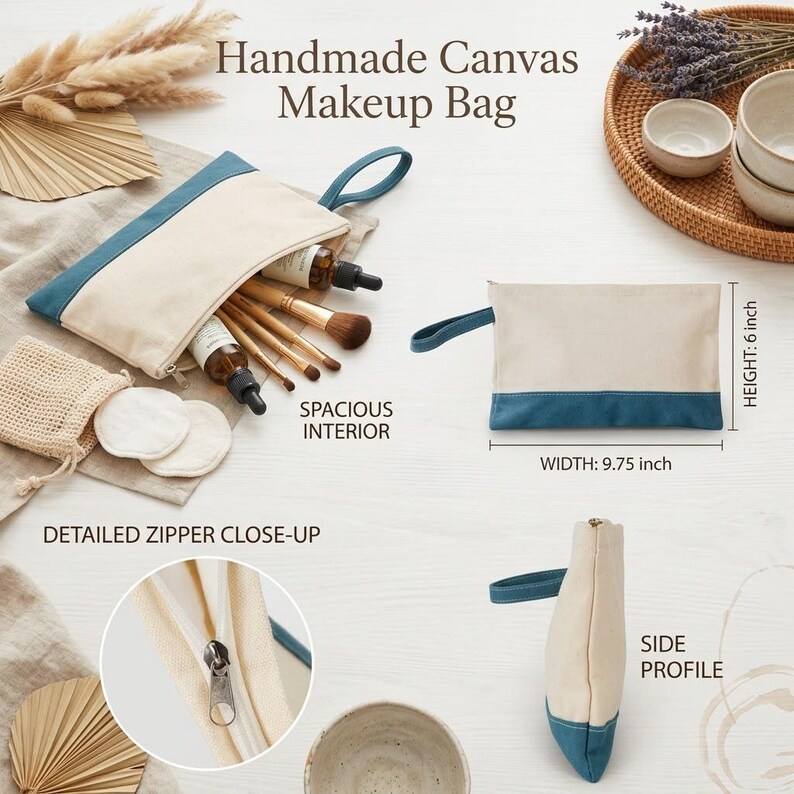 The image is a collage of various items, including a handmade canvas makeup bag, makeup brushes, a woven basket, and some dried flowers. The image provides detailed descriptions of the items, such as the spacious interior of the makeup bag, the detailed zipper close-up, and the side profile of the bag.