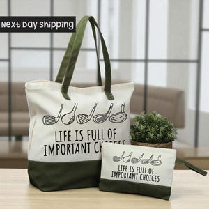 Life Is Full Of İmportant Choices Tote Bag, Golf Tote Bag, Gift for Golfers, Carry All Golf Bag,Golf Gift For Women,Golf Mom Canvas Tote Bag