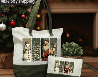 Retro Christmas Canvas Tote Bag, Vintage Holiday Shopper, Festive Winter Market Tote