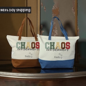 May include: Two canvas tote bags with the words "CHAOS coordinator" printed on them. One bag has brown handles and a brown bottom, the other has blue handles and a blue bottom. Both bags have the name "Emily" printed below the text.