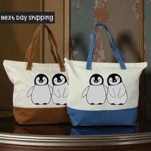 Hand-Drawn Penguins Canvas Tote Bag: Penguin Lover Gift