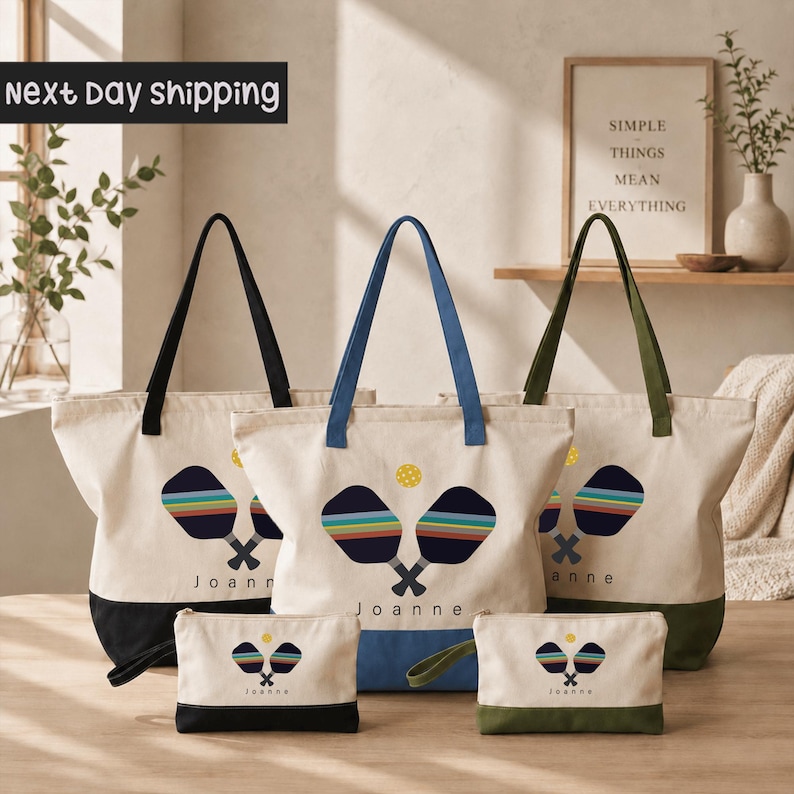 a collection of tote bags and small bags with tennis racket designs, arranged on a wooden surface. The bags are in various colors, including black, blue, green, and white. The text "next day shipping" is visible, suggesting that the items are ready for immediate delivery.