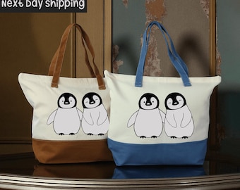 Hand-Drawn Penguins Canvas Tote Bag: Penguin Lover Gift
