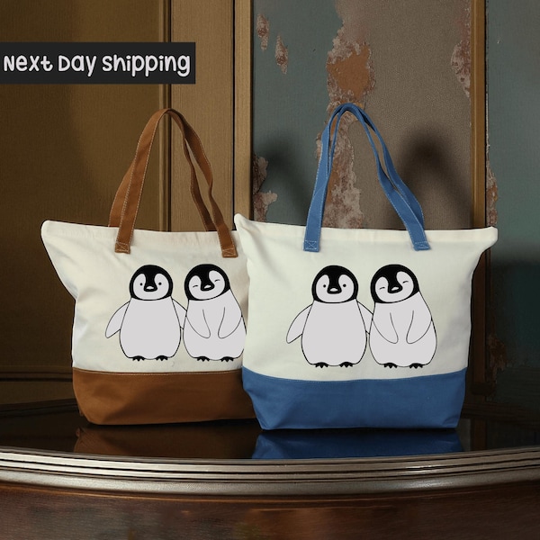 Hand-Drawn Penguins Canvas Tote Bag: Penguin Lover Gift