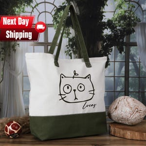 Custom Cat Name Tote Bag, Cartoon Cat Portrait ,Personalized Gifts For Cat Owners, Cat Mom Tote Bag, Gift For Cat Mom, Cat Lovers Gifts