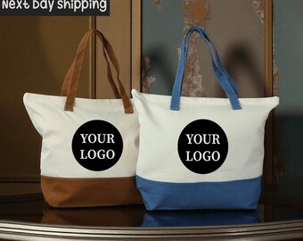 Custom Logo Cotton Tote Bag, Personalized Text, Business Branding