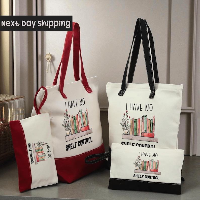 a collection of four bags, including a red and white tote bag, a white tote bag, a small red and white bag, and a small black bag, all with the same design and text printed on them.
