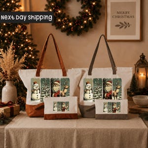 two tote bags with Christmas-themed designs, including snowmen, Santa Claus, and other winter-themed characters, displayed on a table with a wreath and other holiday decorations in the background.