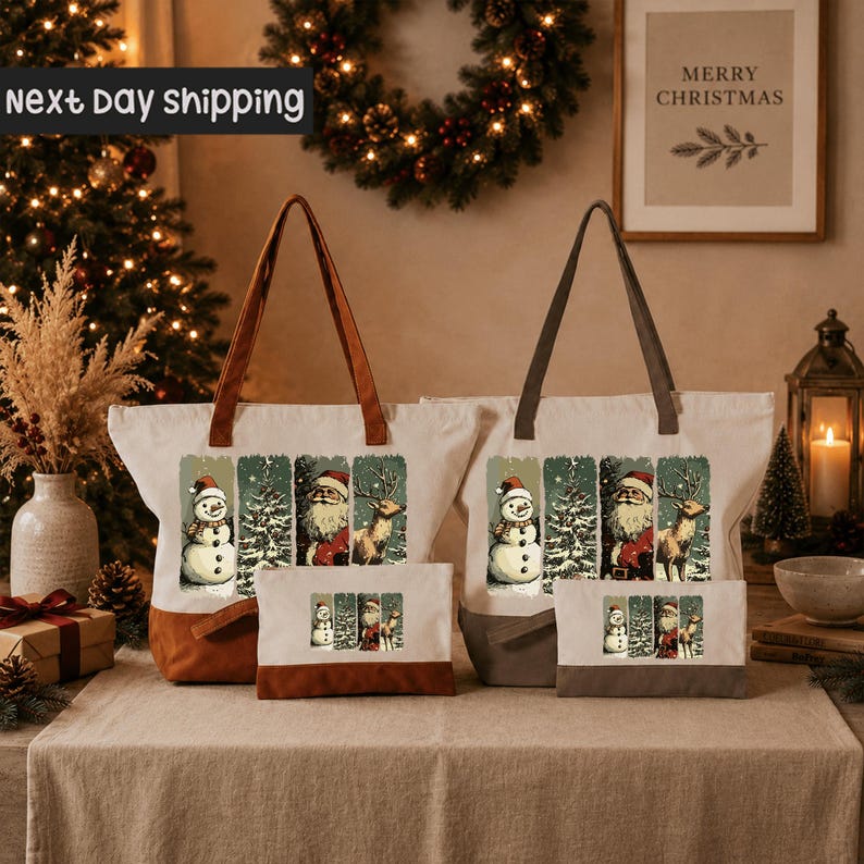 two tote bags with Christmas-themed designs, including snowmen, Santa Claus, and other winter-themed characters, displayed on a table with a wreath and other holiday decorations in the background.